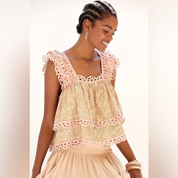 Anthropologie Let Me Be Top Small Eyelet Swing Tiered Crochet Cottagecore Peasan - Picture 1 of 11